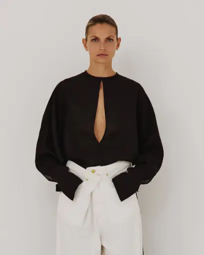 Marine- Keyhole Neckline Voile Shirt 