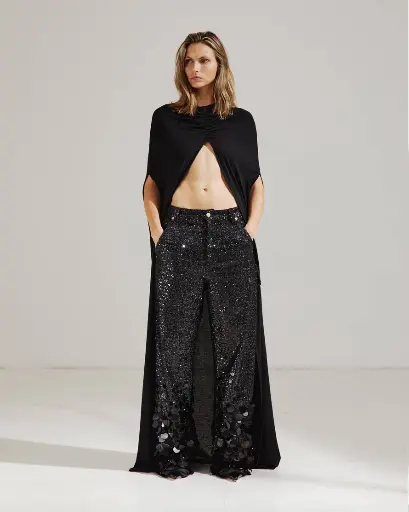 Sienna- Hand Applique Bold Paillettes Loose Side Split Denim