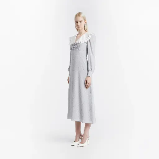 [119288] Polka Dot Print SilkMidi Dress with Collar