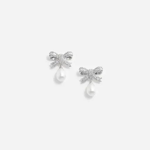 [119395] Crystal Bow Pearl Droplet Earrings