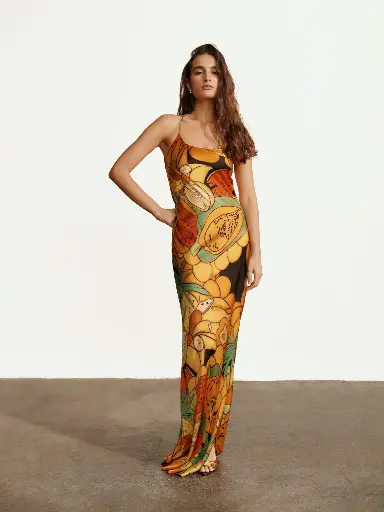 Frutas Silk Satin Long Dress