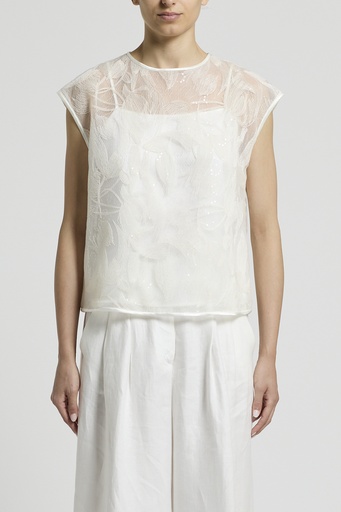 Woman Shirt Cotton And Sequin Embroidered Light Tulle Solar White