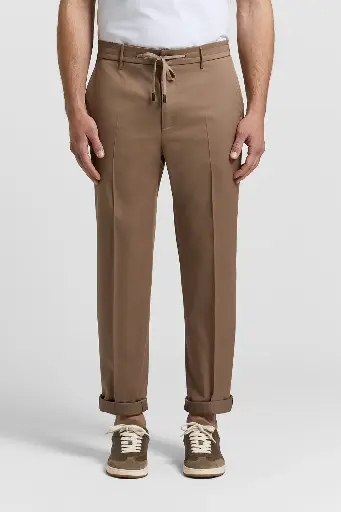 Jogger man pants with drawstring Luxury cotton wool blend twill Zegna fabric Mediterranean Brown