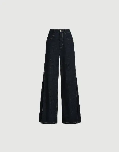 [120189] No Fade Denim Loose Flared Trousers With Monili