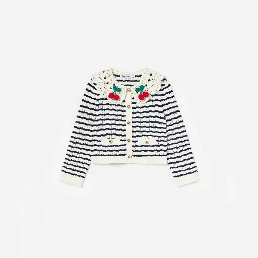 Cream And Navy Striped Knitted Cardigan