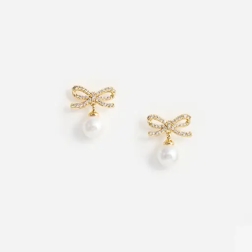 [121170] Gold Bow Pearl Earrings