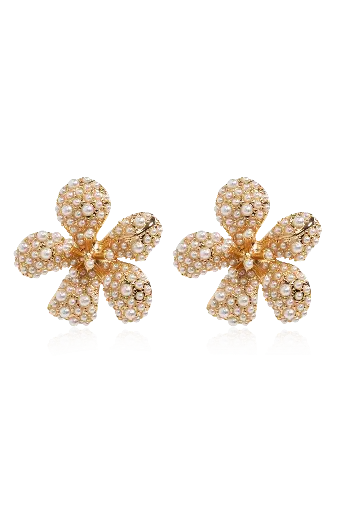 [121178] Gold Pearl Encrusted Flower Earrings