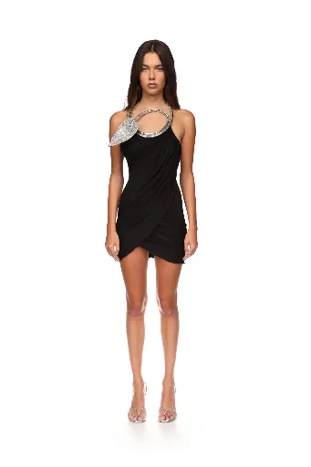 [121294] Crystal Leaf Neckline Mini Dress