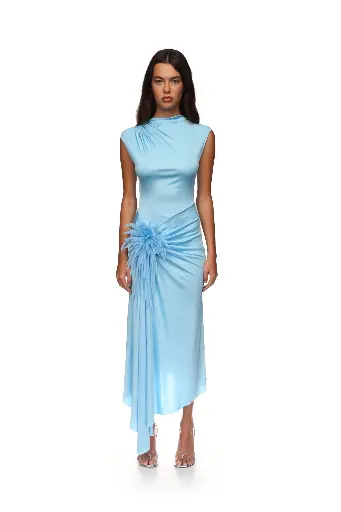 [121299] Cactus Dahlia Detail Draped Midi Dress