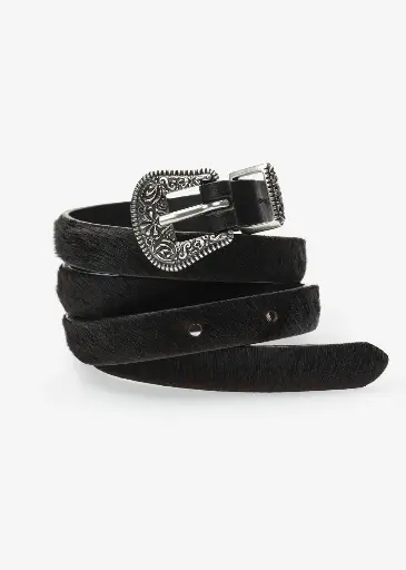 [121824] Pony Hair Leather Belt with Ornamental Buckle in Black