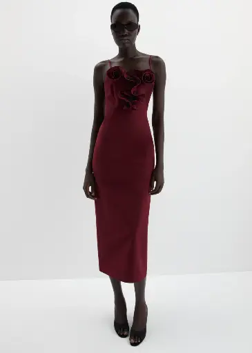 [121872] Cotton and Silk Flower Detail Midi Beach Dress in Burgundy