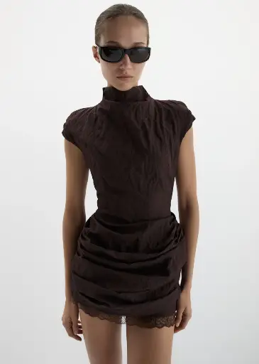 Fitted Draped Mini Dress with Stand Collar in Brown