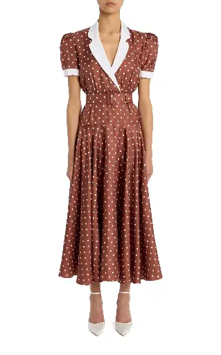 Polka Dot Printed Silk Twill Collared Dress With Belt