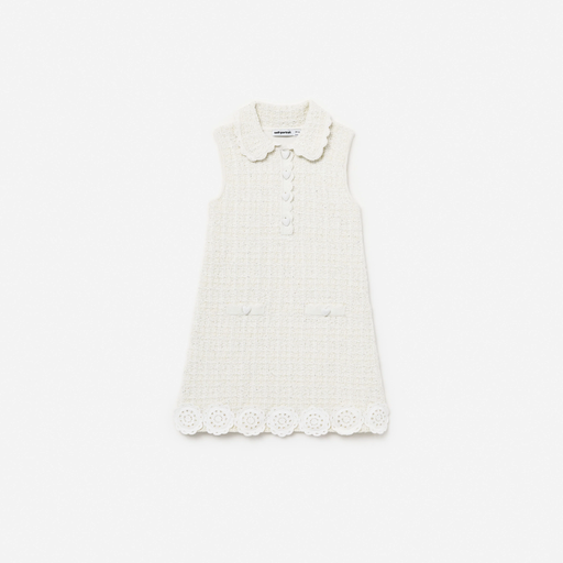 Cream Knit Flower Trim Dress