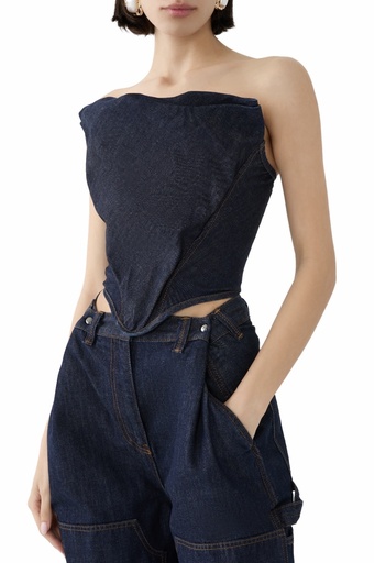 [100895] Draped Strapless Denim Corset In Navy