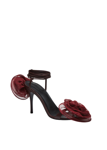 [102446] Wrap Around Double Flower Sandals In Burgundy