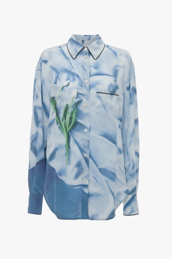 [101724] Piping Detail Pyjama Shirt In Ice Blue Satin Flowers