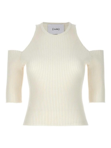 [100257] Crewneck Ribbed Knit Open Shoulder