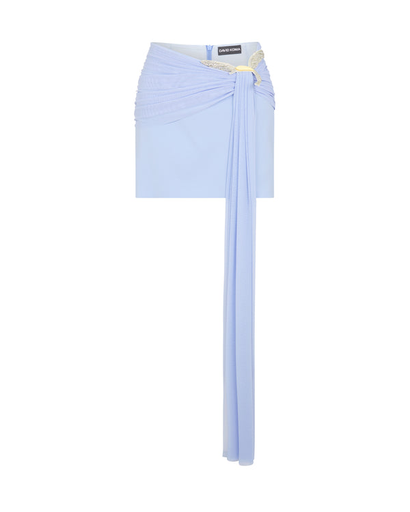 [100889] Drape Overlay Mini Skirt With Bird Soft Blue/Peach/Silver