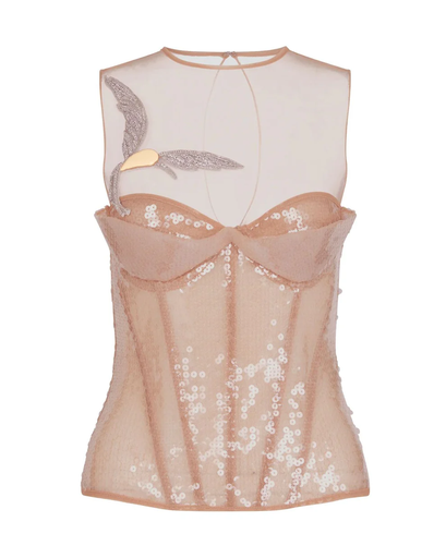 [100475] Balconette Bra&Bird Detail Corset Top Beige/Peach/Silver