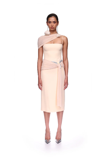 [101866] Ruched Fabric Overlay Hummingbird Embr Midi Dress Peach/Silver